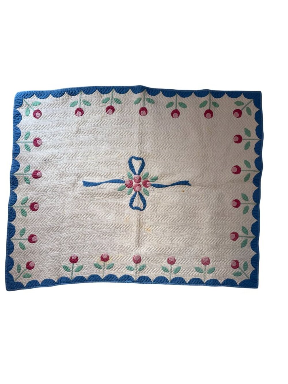 Vintage Nursery Quilt Applique Bow Rose Cottagecore Baby Girl Blanket Scalloped
